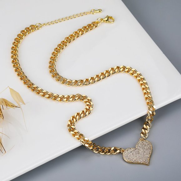 Gold Plated Micro Pave Heart, CZ Cubic Zirconia Cuban Link Necklace - Picture 3 of 4